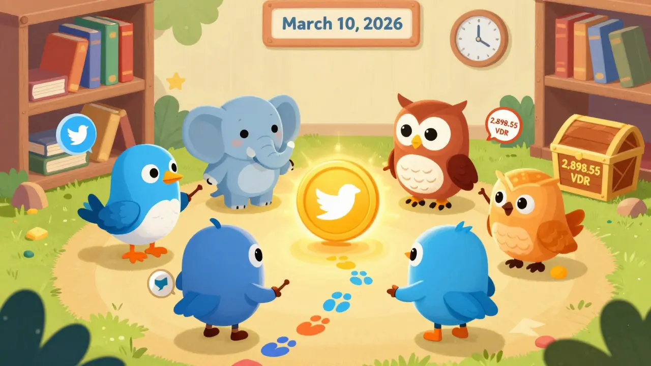 Six friendly task characters hold hands around a glowing VDR token, with footprints leading to a treasure chest labeled with the airdrop amount.