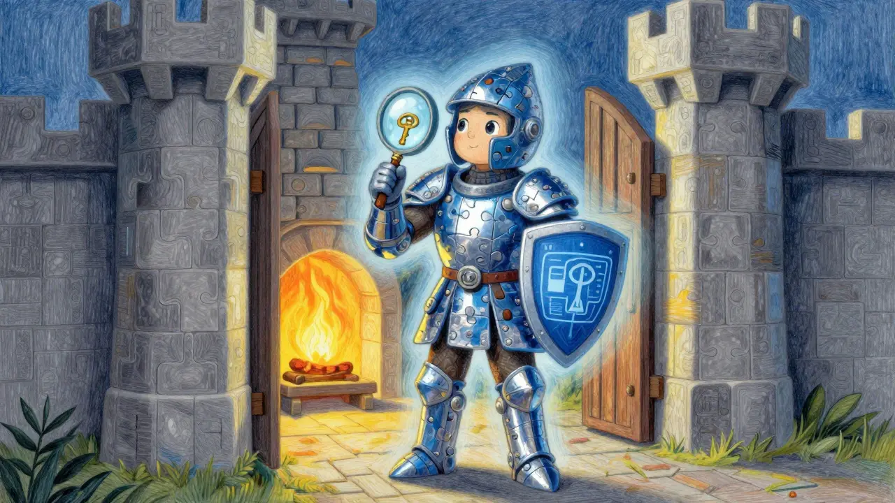 Storybook warrior guarding a blockchain castle with shield.