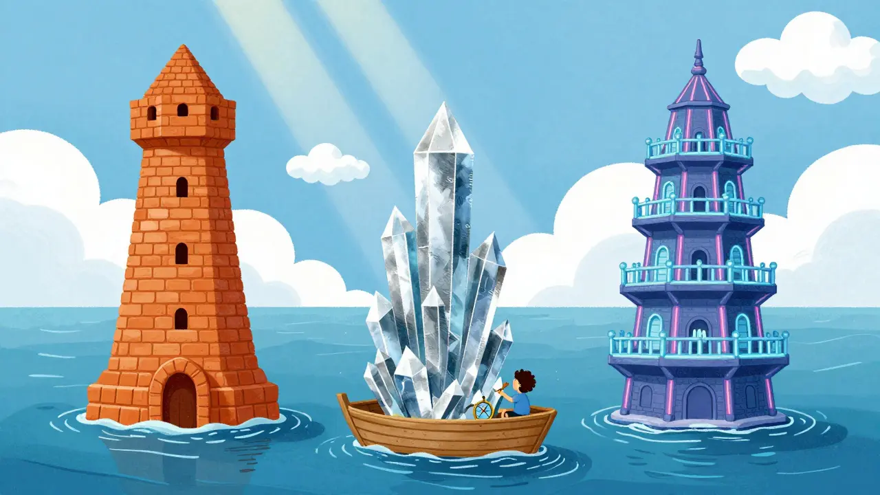 Three illustrated towers representing different crypto exchange platforms