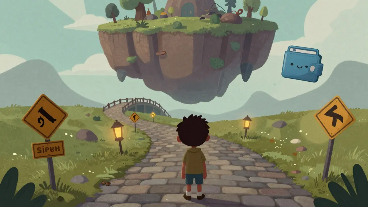 A character cautiously walking a winding path toward a floating island with digital elements