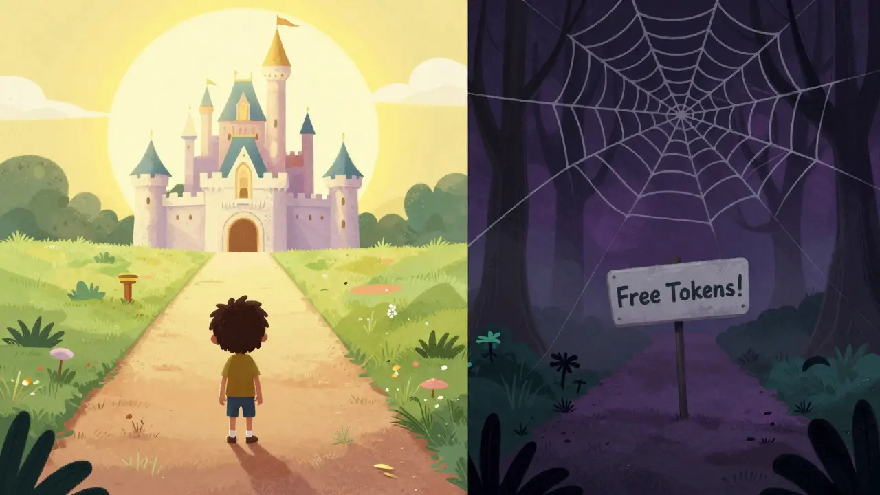 A character choosing between a safe path to a castle and a spooky scam shortcut.