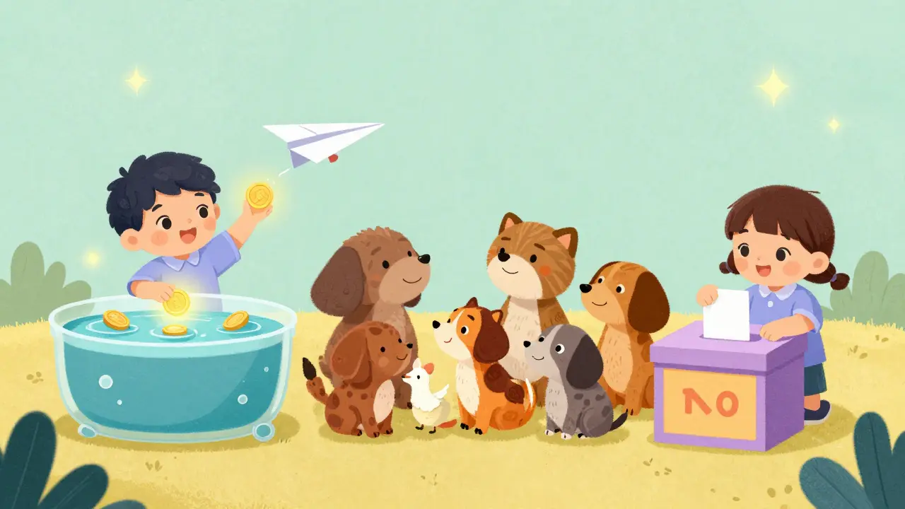 A character performing liquidity and social tasks in a whimsical, colorful setting.