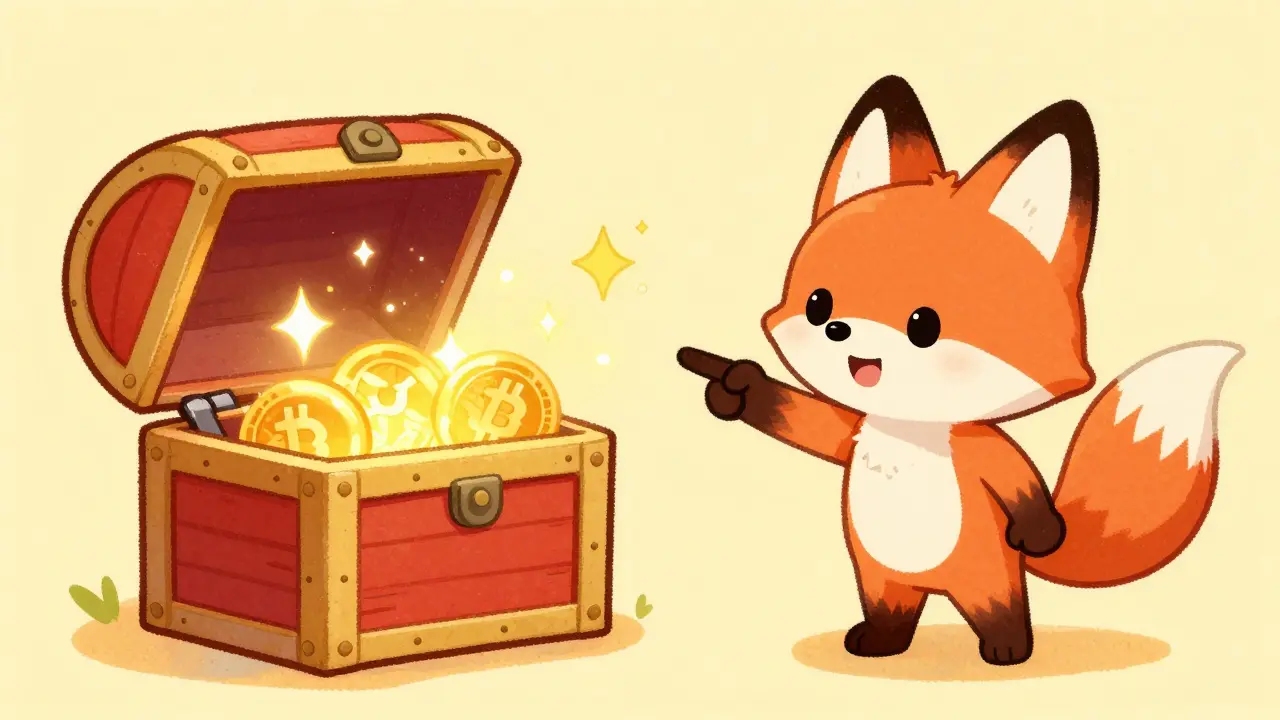 A clever fox warning against a shimmering, deceptive treasure chest in a storybook setting.