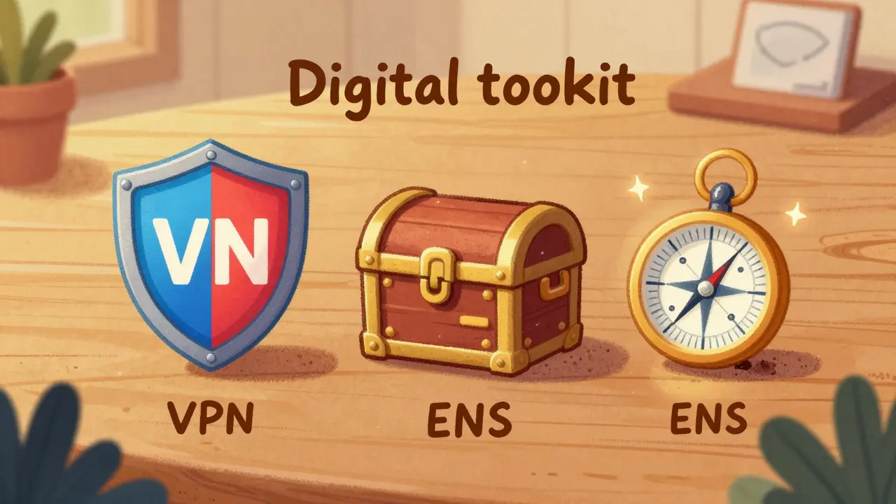 A collection of colorful digital security tools like a shield and a treasure chest.