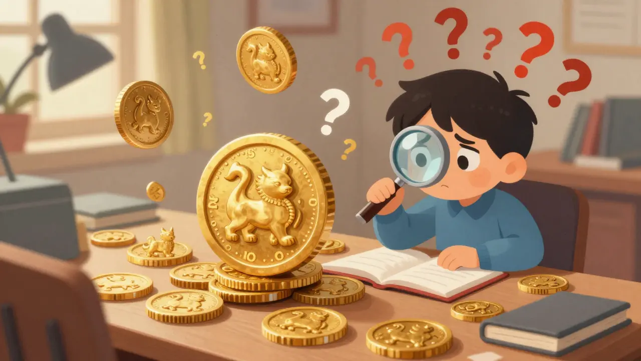 A confused character examining different versions of a beast coin with floating question marks.
