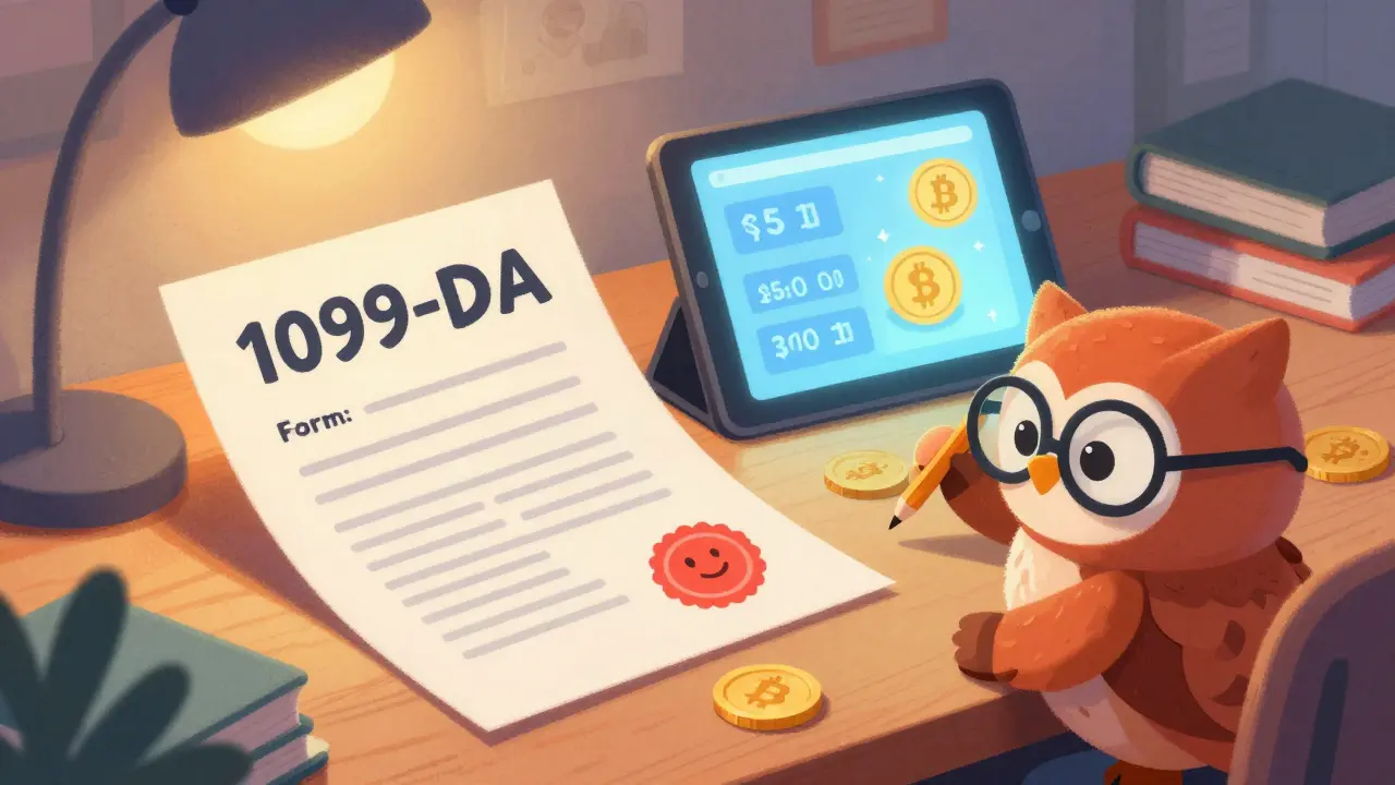 A cute owl accountant reviewing a 1099-DA tax form next to a digital tablet.