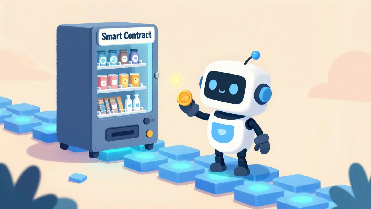 A cute robot representing a smart contract delivering a royalty payment to an artist.