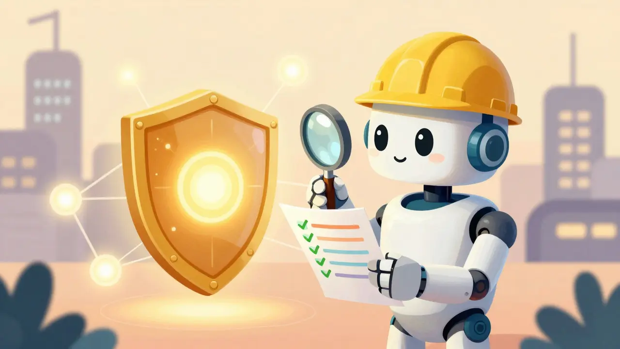 A cute robot with a hardhat inspecting a protective shield around a computer node.
