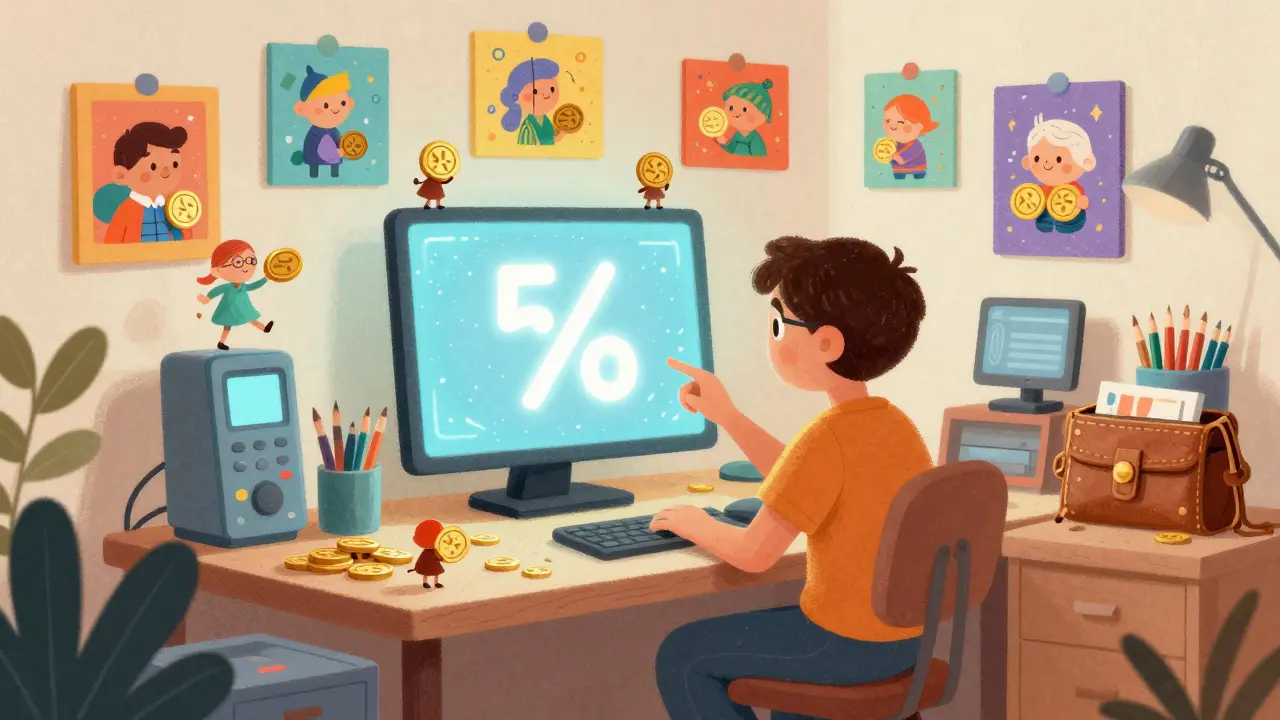 A digital artist in a cozy studio receiving automated royalty payments from floating art.