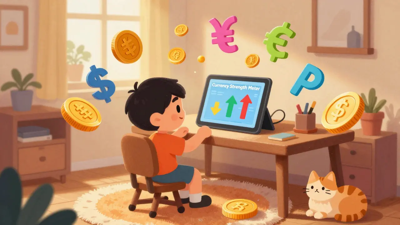 A friendly character using a currency strength tool on a tablet in a cozy room.