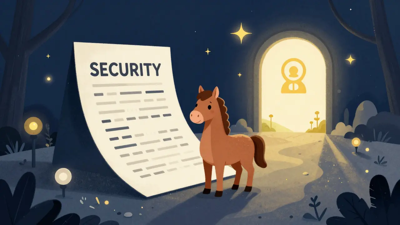 A friendly horse guardian protecting a physical seed phrase next to a glowing digital portal.