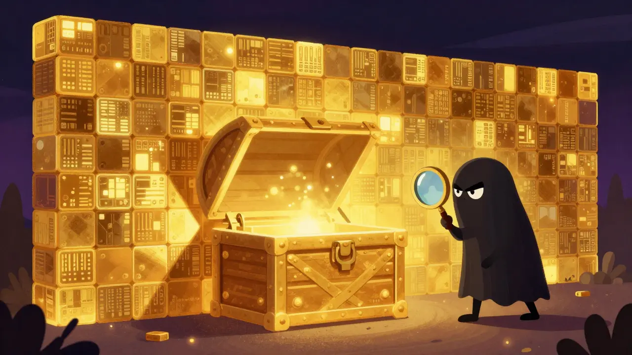 A giant golden wall of blocks protecting a glowing treasure chest from a small shadow figure.