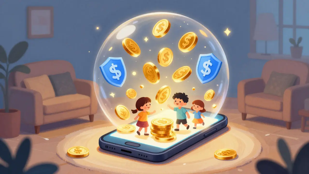 A glowing smartphone creating a protective bubble of digital stablecoins around a family