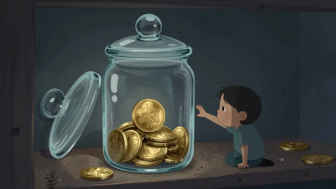 A golden coin trapped inside a glass jar on a dusty shelf, symbolizing a dead asset.
