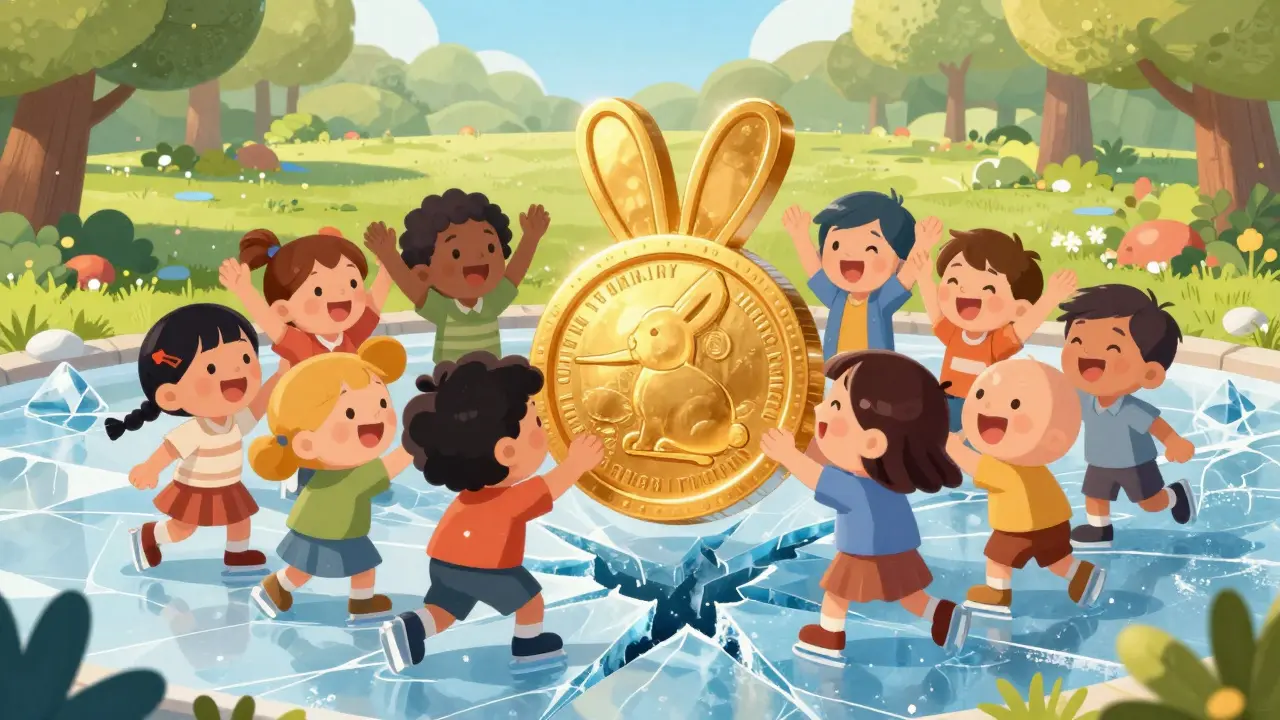 A group of characters holding a giant gold bunny coin on cracking ice.
