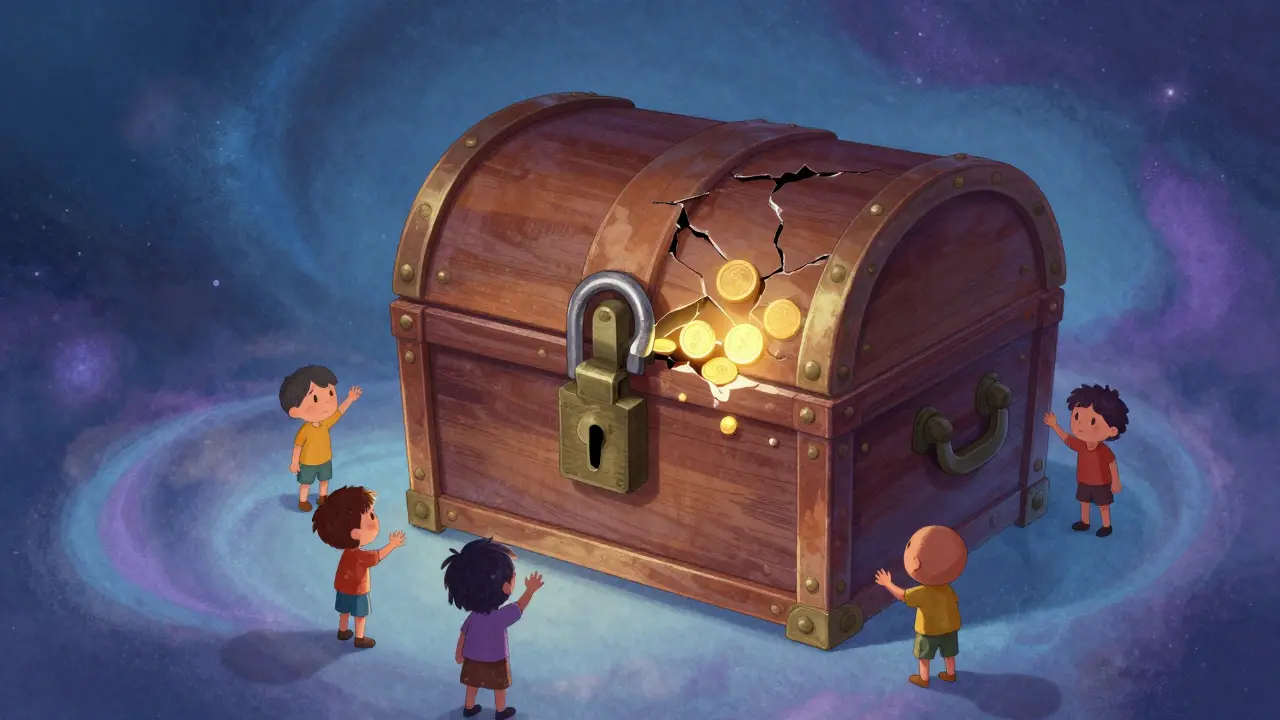 A locked digital treasure chest floating in space with worried cartoon characters around it.
