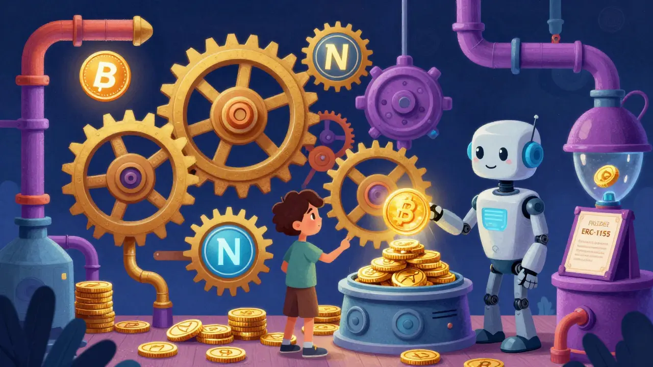 A magical factory turning gold coins into unique glowing NFT badges and certificates.