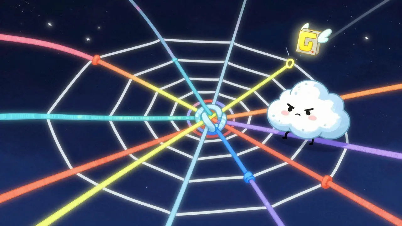 A mischievous cloud tangling a glowing network of colorful paths in a starry sky.