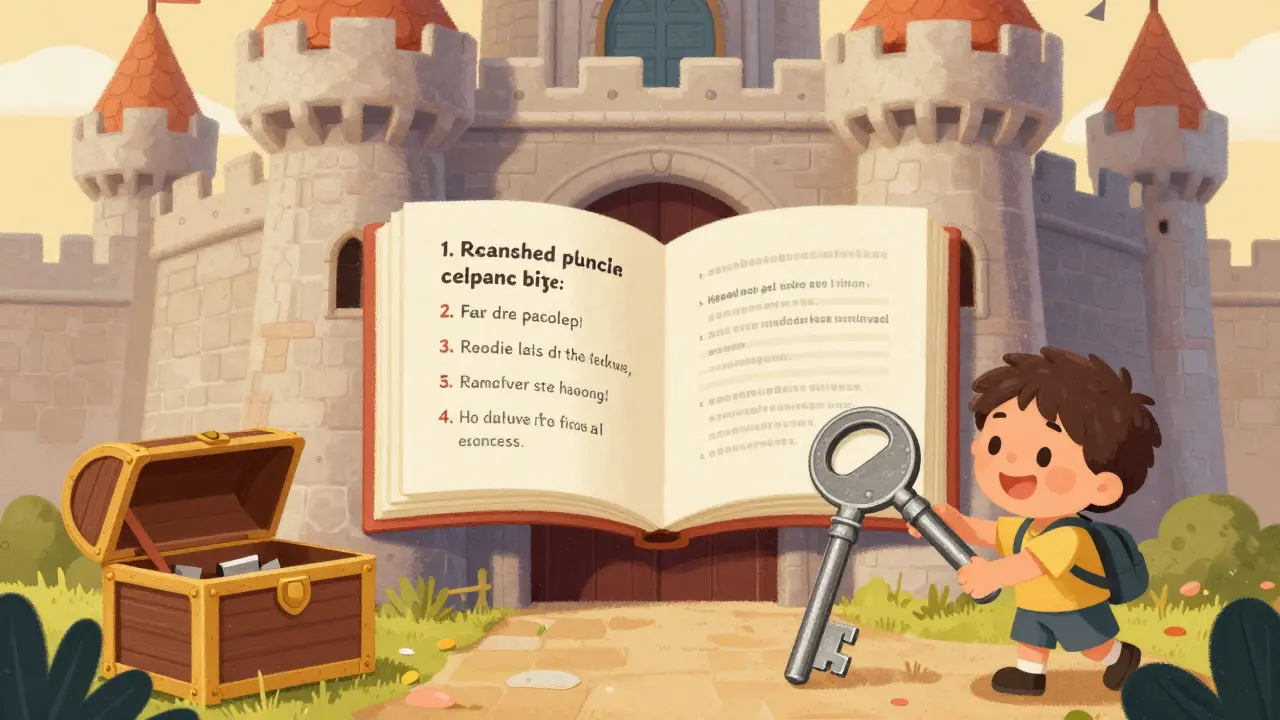 A secure castle with a transparent rulebook and a person locking a treasure chest