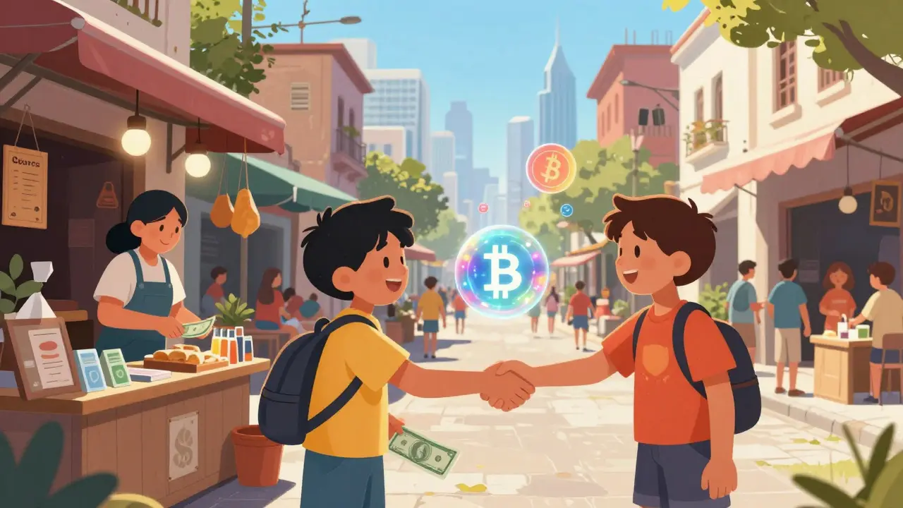 A shop owner and customer exchanging glowing cryptocurrency symbols at a sunny street market