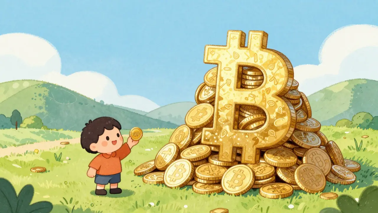 A small character comparing a single tiny coin to a massive mountain of gold coins