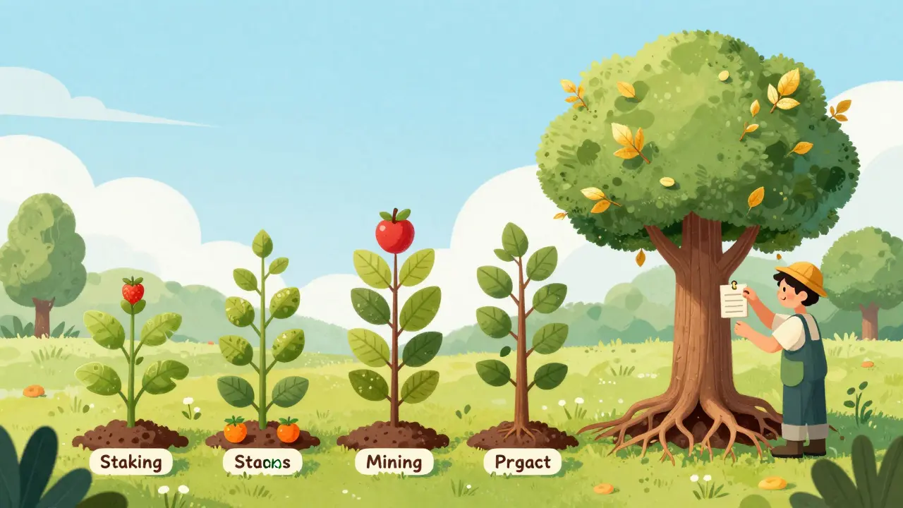 A whimsical garden where different crypto earning methods are depicted as various plants and trees.