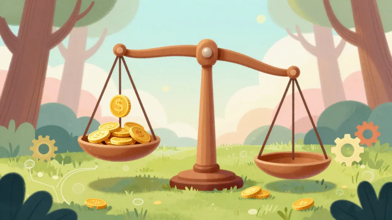 A whimsical scale with very few coins in a digital forest representing low liquidity.