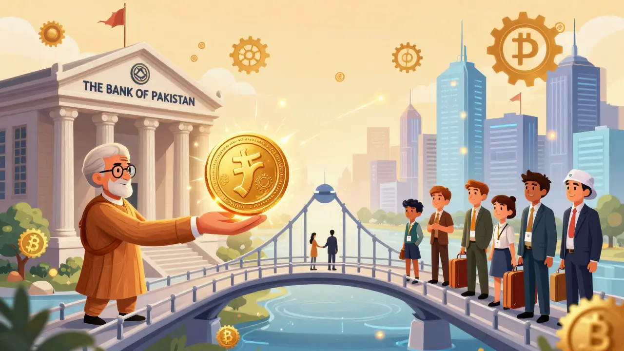 An illustration of a bridge connecting a central bank to a futuristic digital finance city.