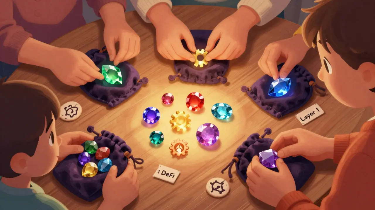 Cartoon character organizing colorful glowing gemstones into different pouches on a table
