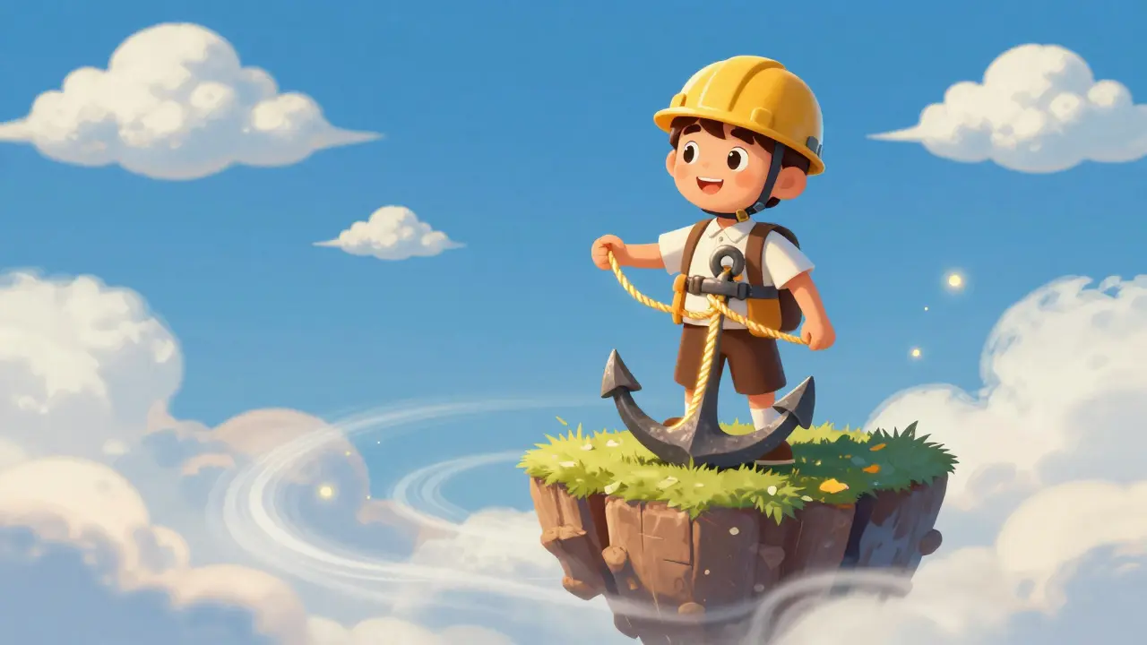 Cartoon trader tethered to a golden anchor rope while floating above a misty void