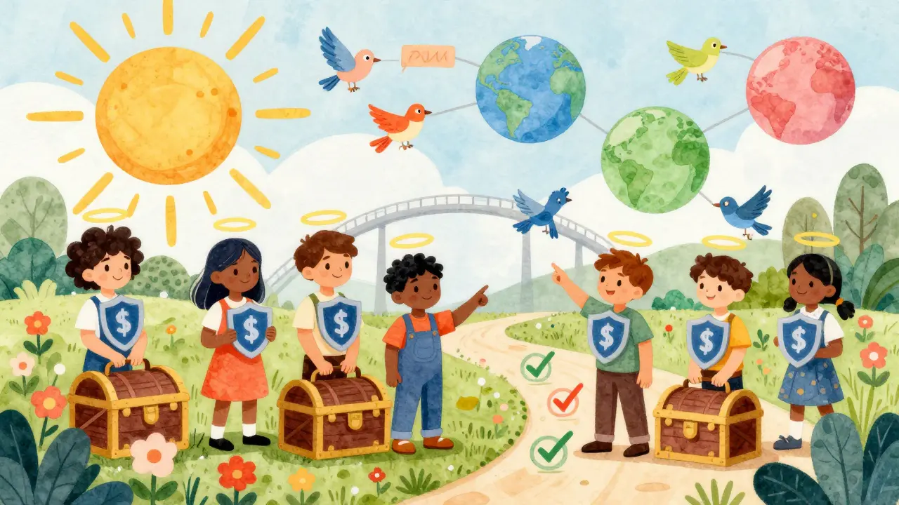 Community characters holding shields and treasure chests in garden setting