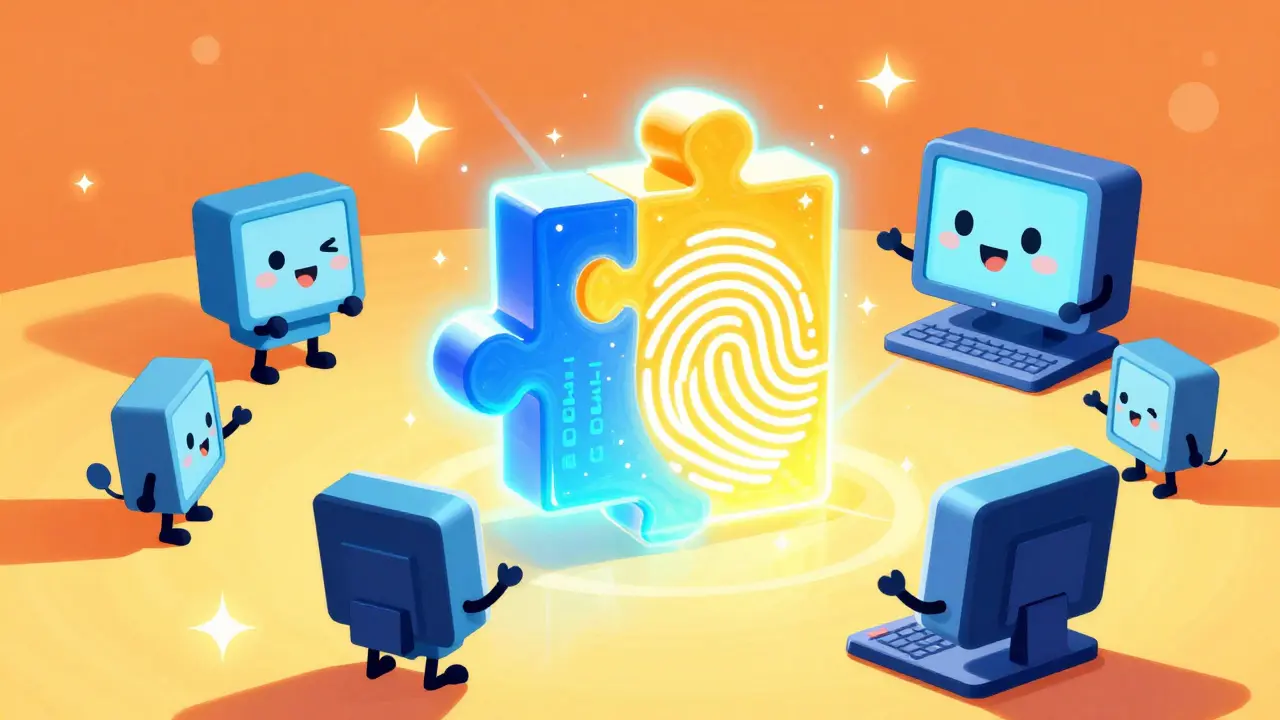 Cute personified computers competing to solve a glowing digital puzzle piece.
