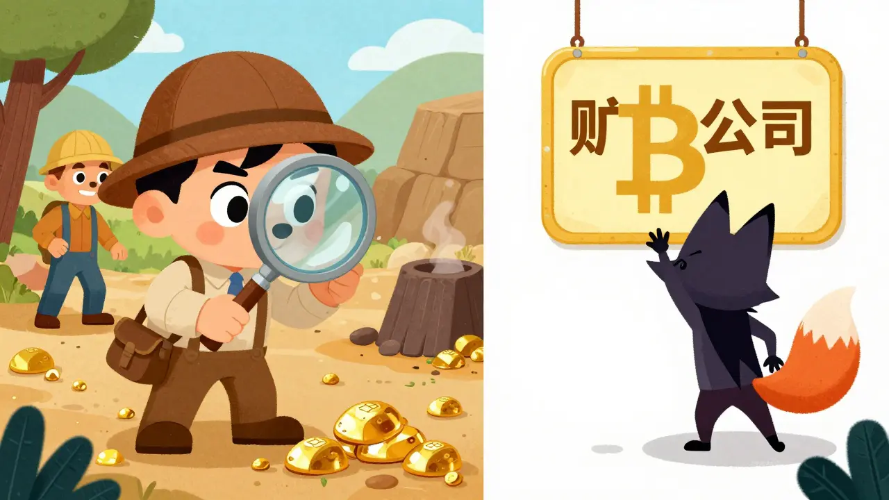 Detective examining a real gold mine while a fox tries to create a fake crypto sign