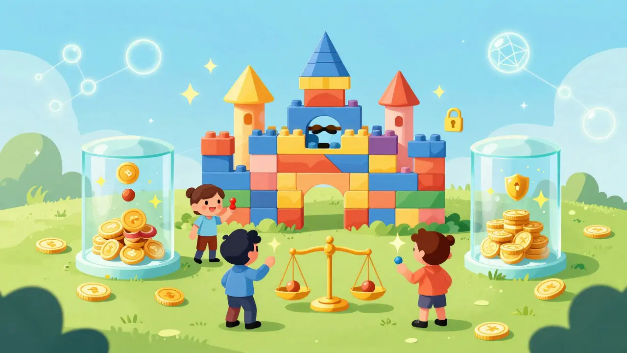 Friendly trading platform shown as secure block-built castle with coins