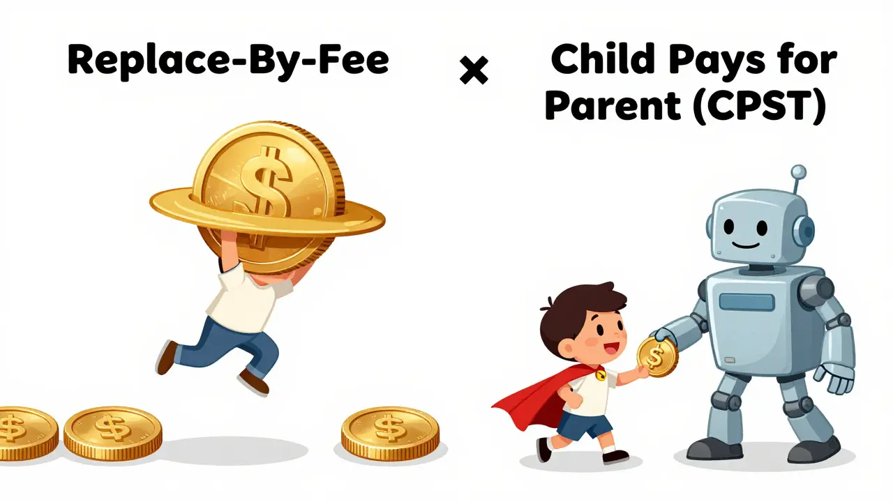 Illustrations of coins using higher fees to jump ahead in line or help a parent coin.