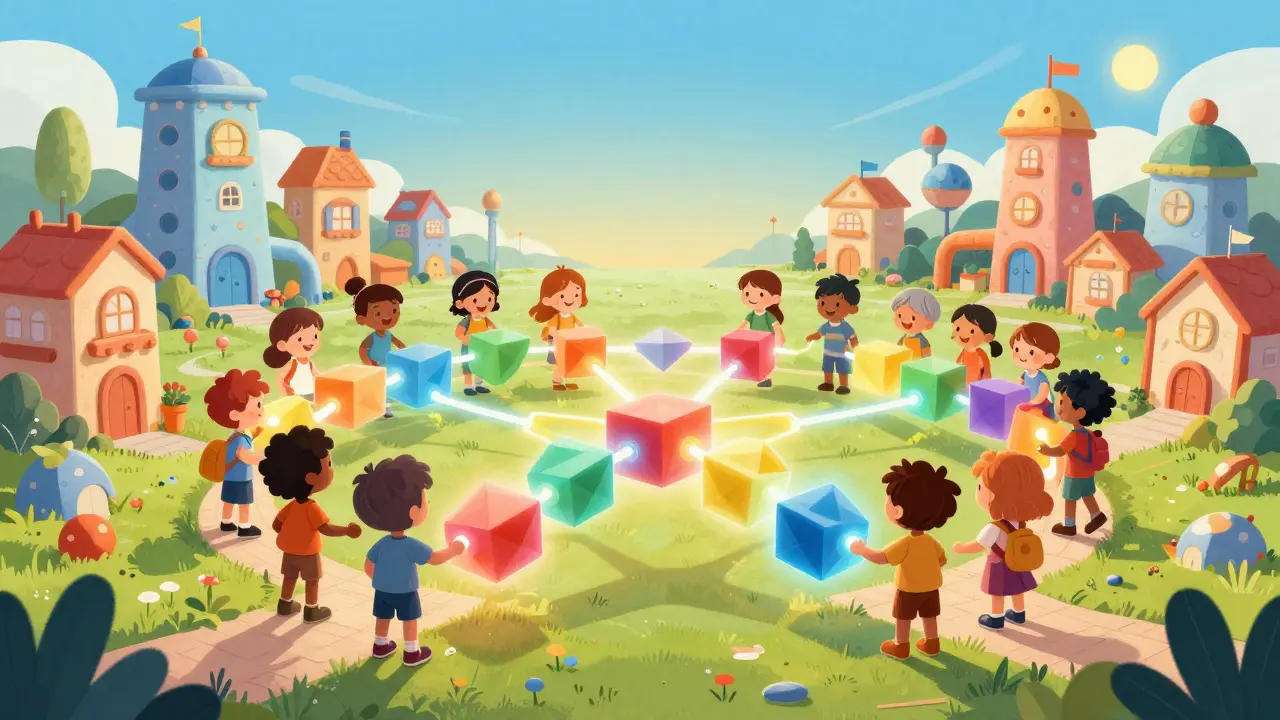 People building a bridge of glowing geometric blocks in a whimsical futuristic village.