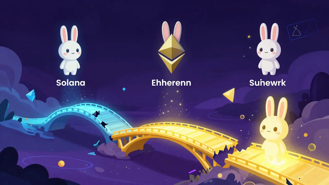 Three glowing digital bridges leading to different versions of a bunny mascot.