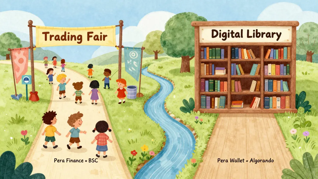 Two separate whimsical paths leading to a trading fair and a digital library.