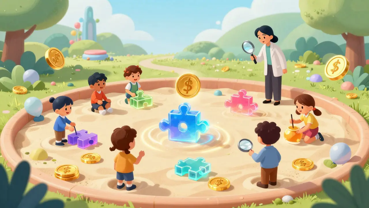 Whimsical scene of fintech startups testing digital tokens in a glowing regulatory sandbox.