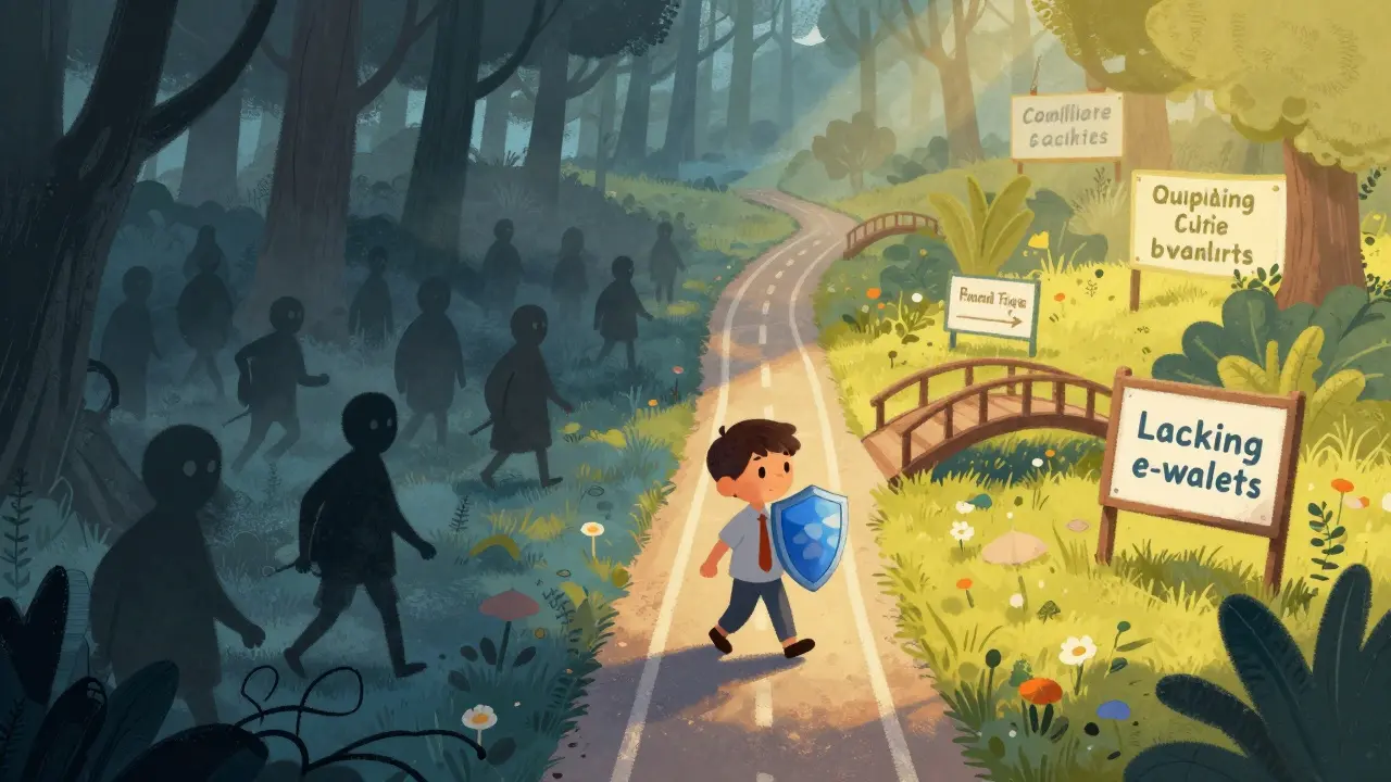A business owner walks a safe, sunny path while avoiding a dark, risky forest representing illegal crypto penalties.