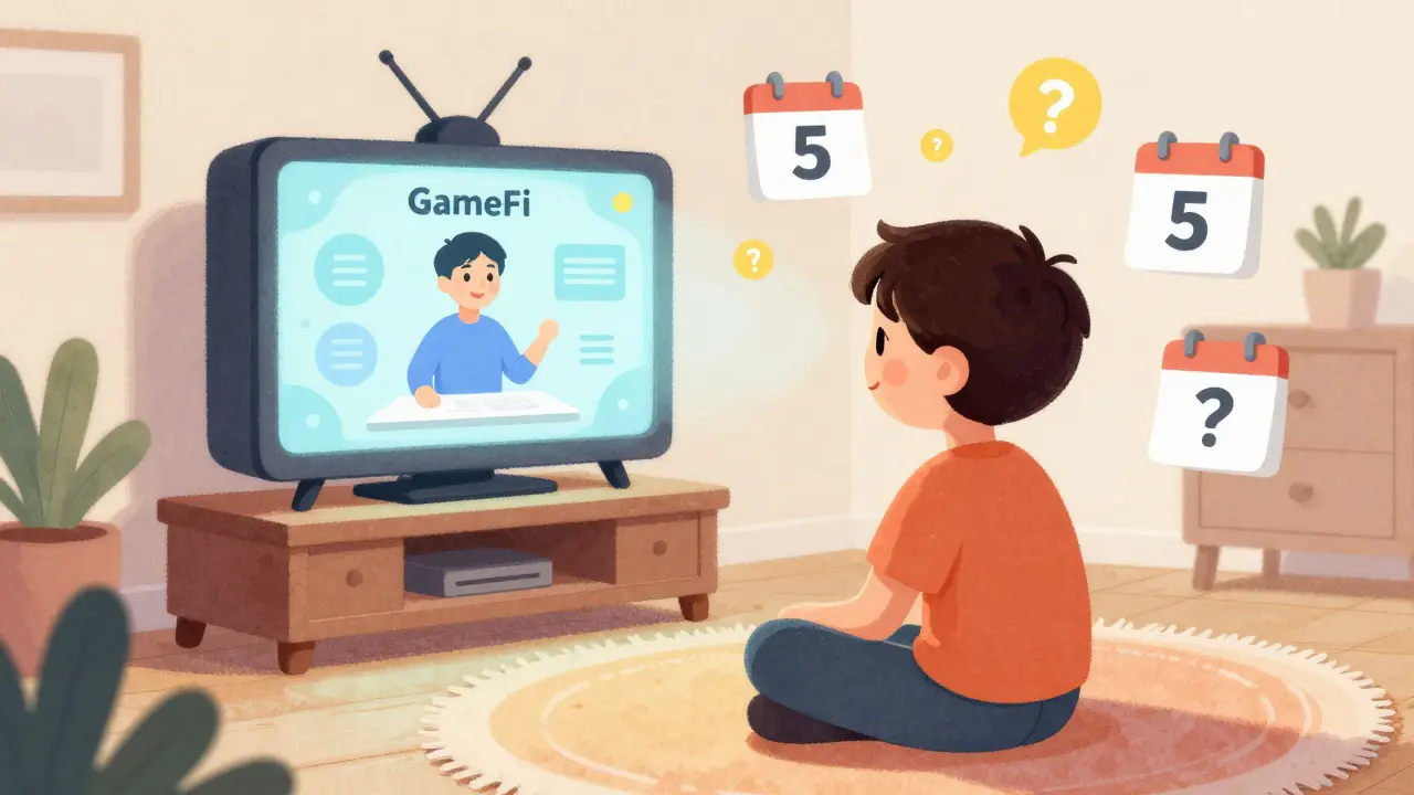 A child watches a friendly host on a glowing TV screen during an educational crypto stream.