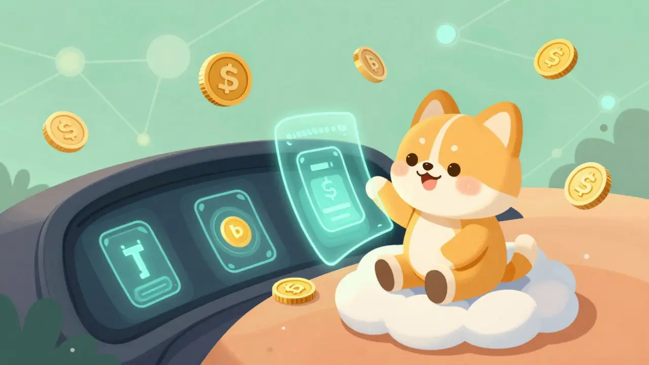 A friendly cartoon pet character surrounded by floating crypto coins and NFT rewards.