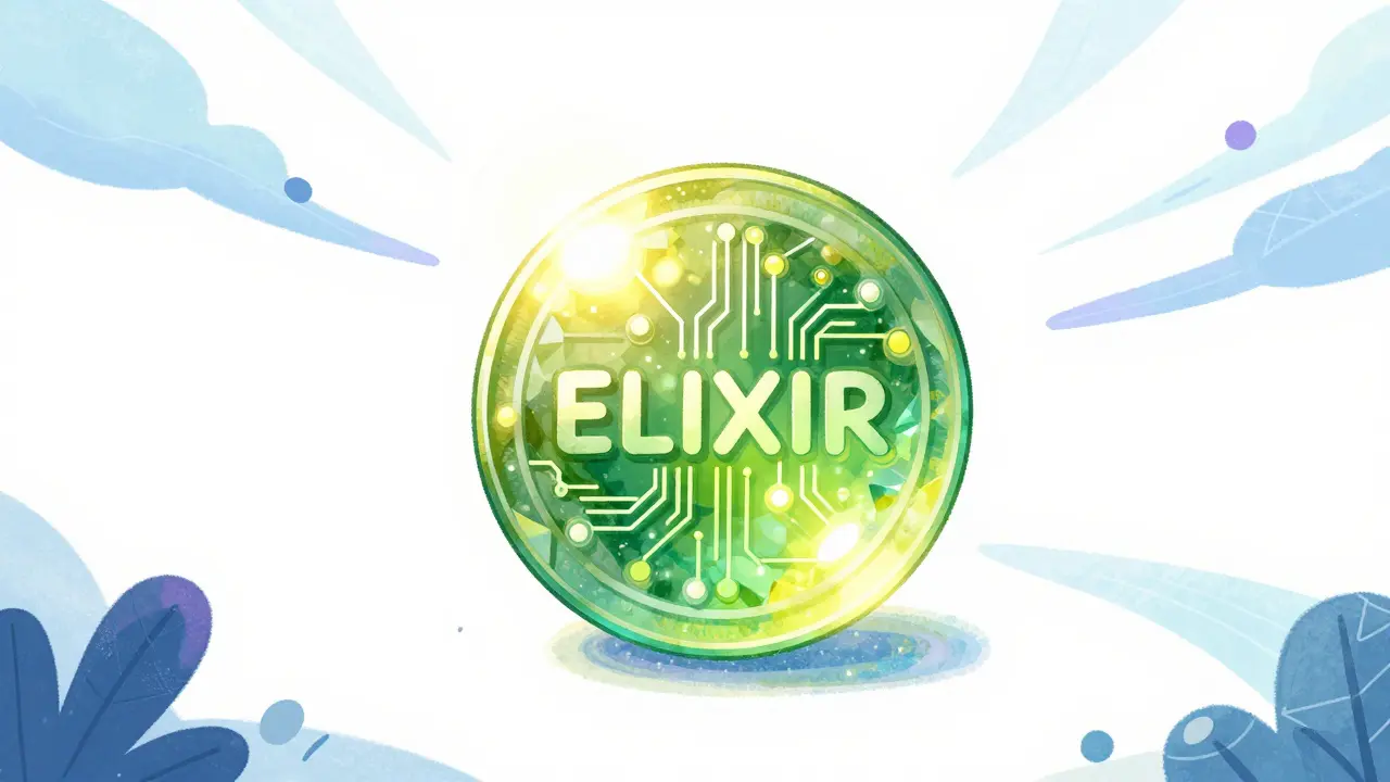 A sparkling ELIXIR token floating with magical data streams in a colorful illustration.