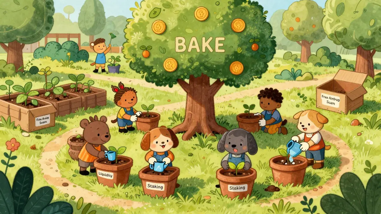Animals gardening to earn BAKE tokens through staking and liquidity