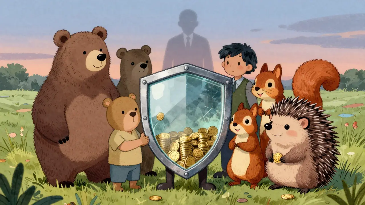 Animals holding a transparent shield showing reserves, with a distant regulator in the background.