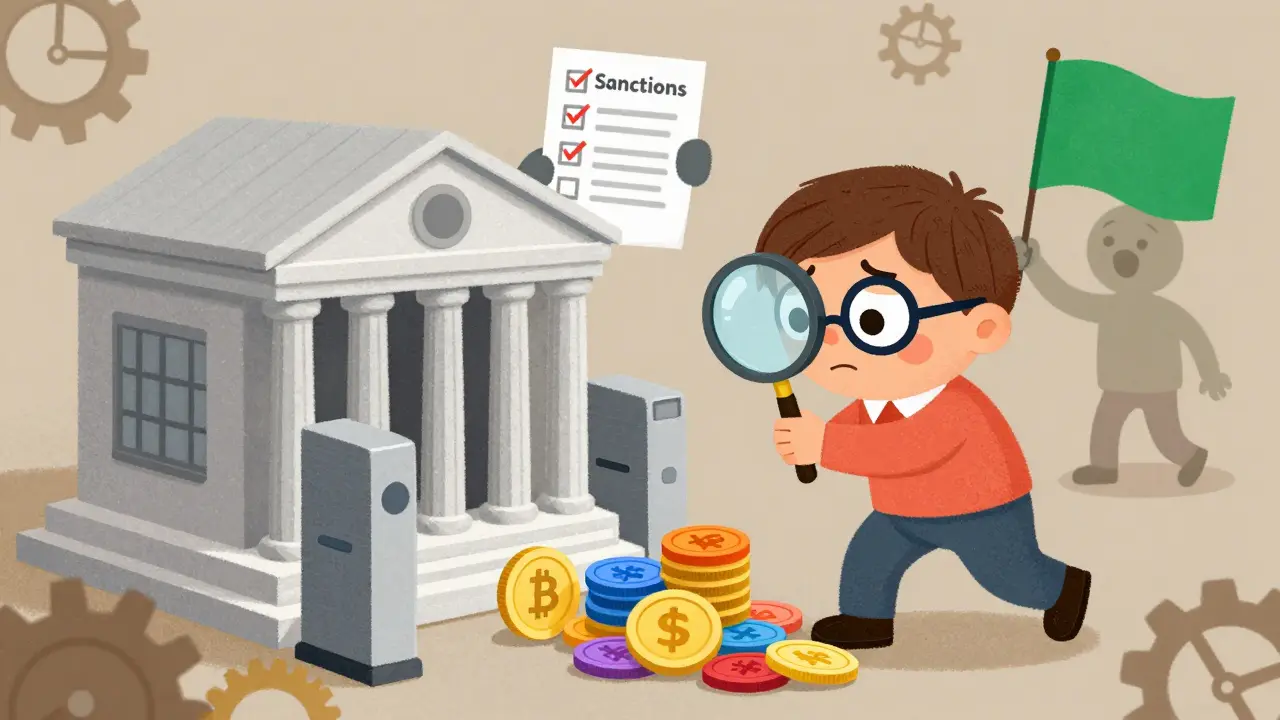Cartoon bank character inspecting crypto tokens with a magnifying glass.
