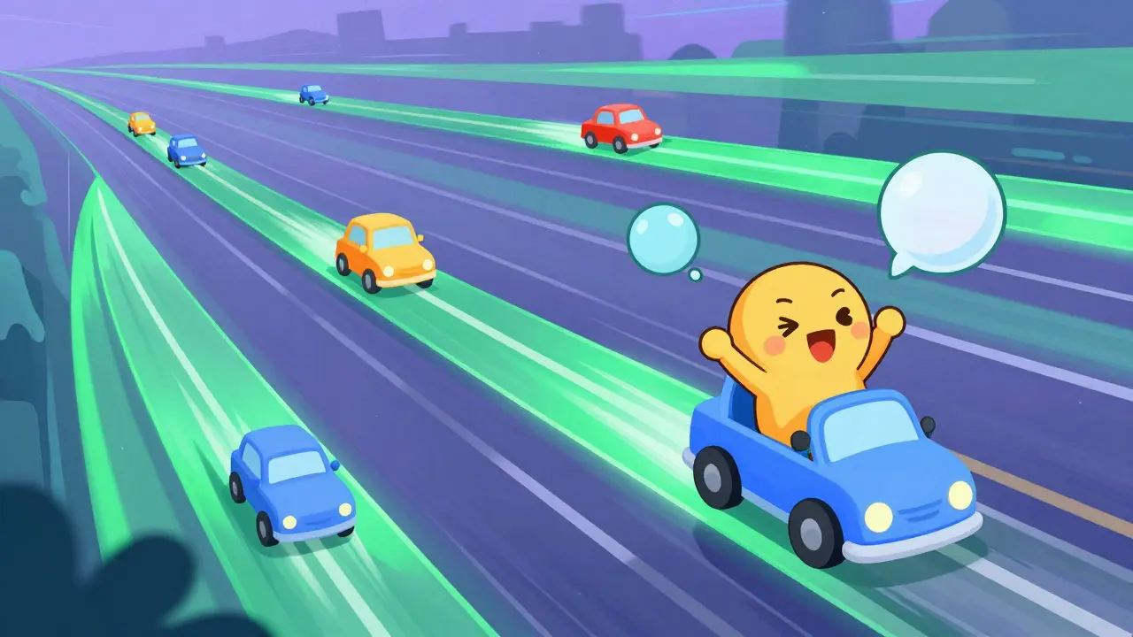Cartoon characters racing on glowing ribbons representing the fast Solana blockchain.