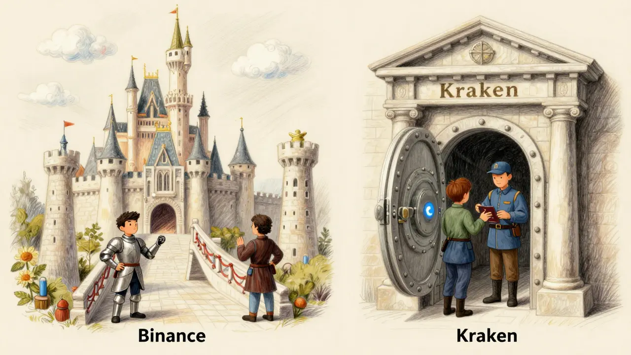 Cartoon comparison of a bustling castle and a secure vault for exchanges.