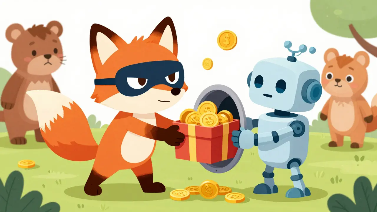 Cartoon fox tricking a robot with a fake gift box in a children's book style
