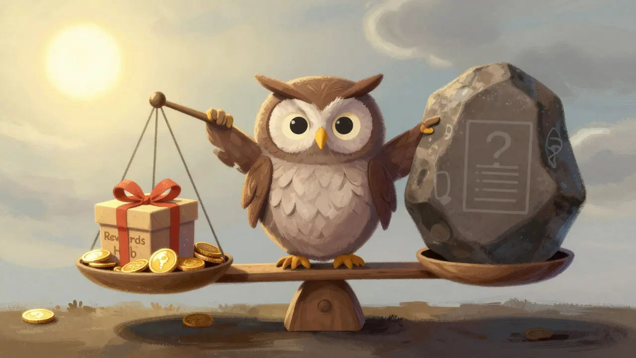 Cartoon owl holding a balance scale weighing rewards against risks